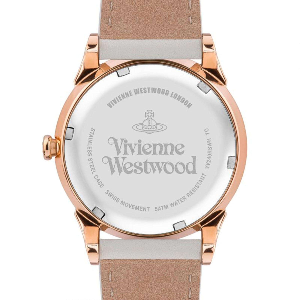 Ladies quartz watch case back with Vivienne Westwood branding and water resistance text.