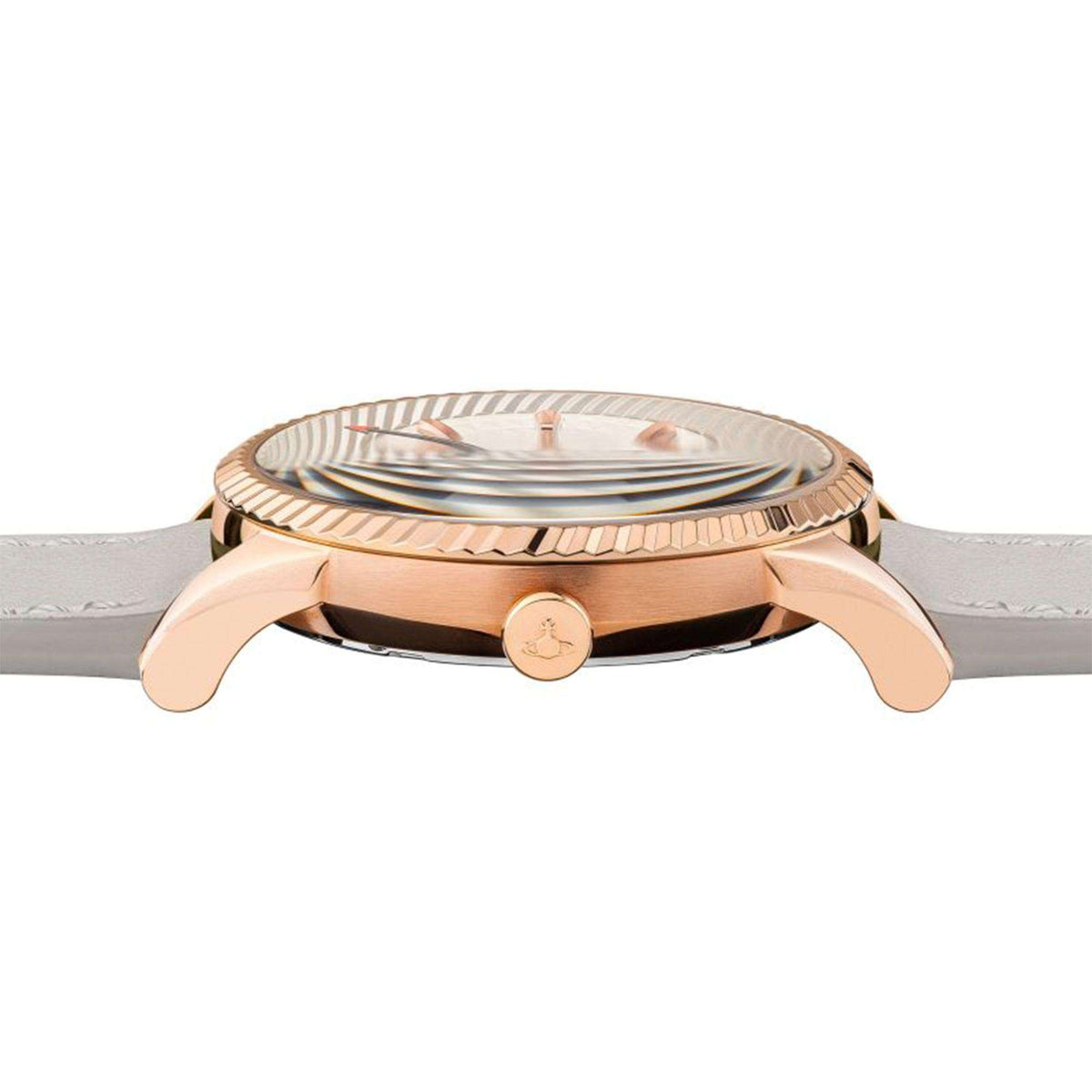 Ladies quartz watch rose-gold case with crown; light gray leather strap in side view.