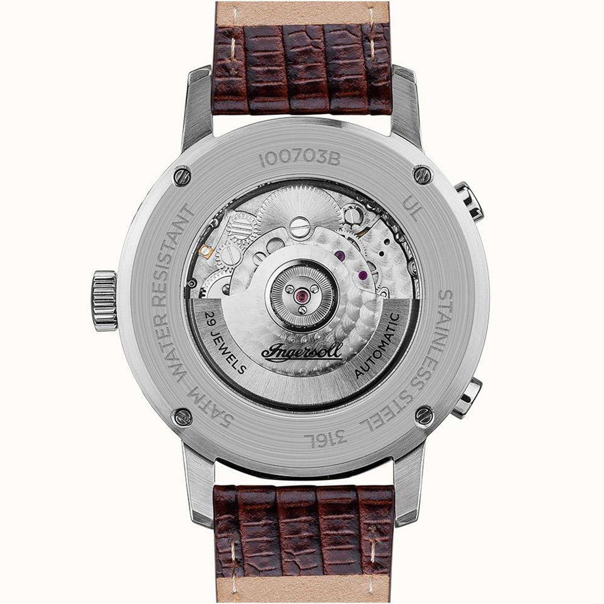 Men's automatic watch back with exposed movement, silver case, brown leather strap