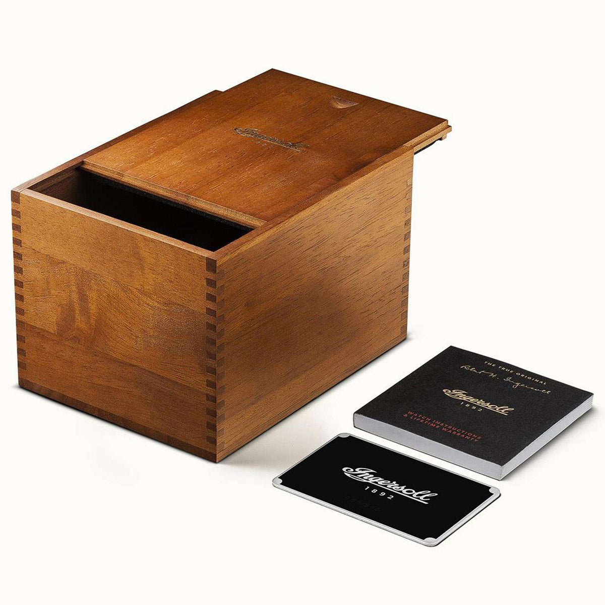 Wooden watch box and instruction cards included with the men's automatic watch