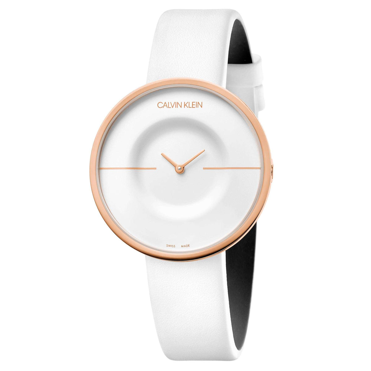 Ladies analog quartz watch with white dial, white leather strap, rose-gold bezel.