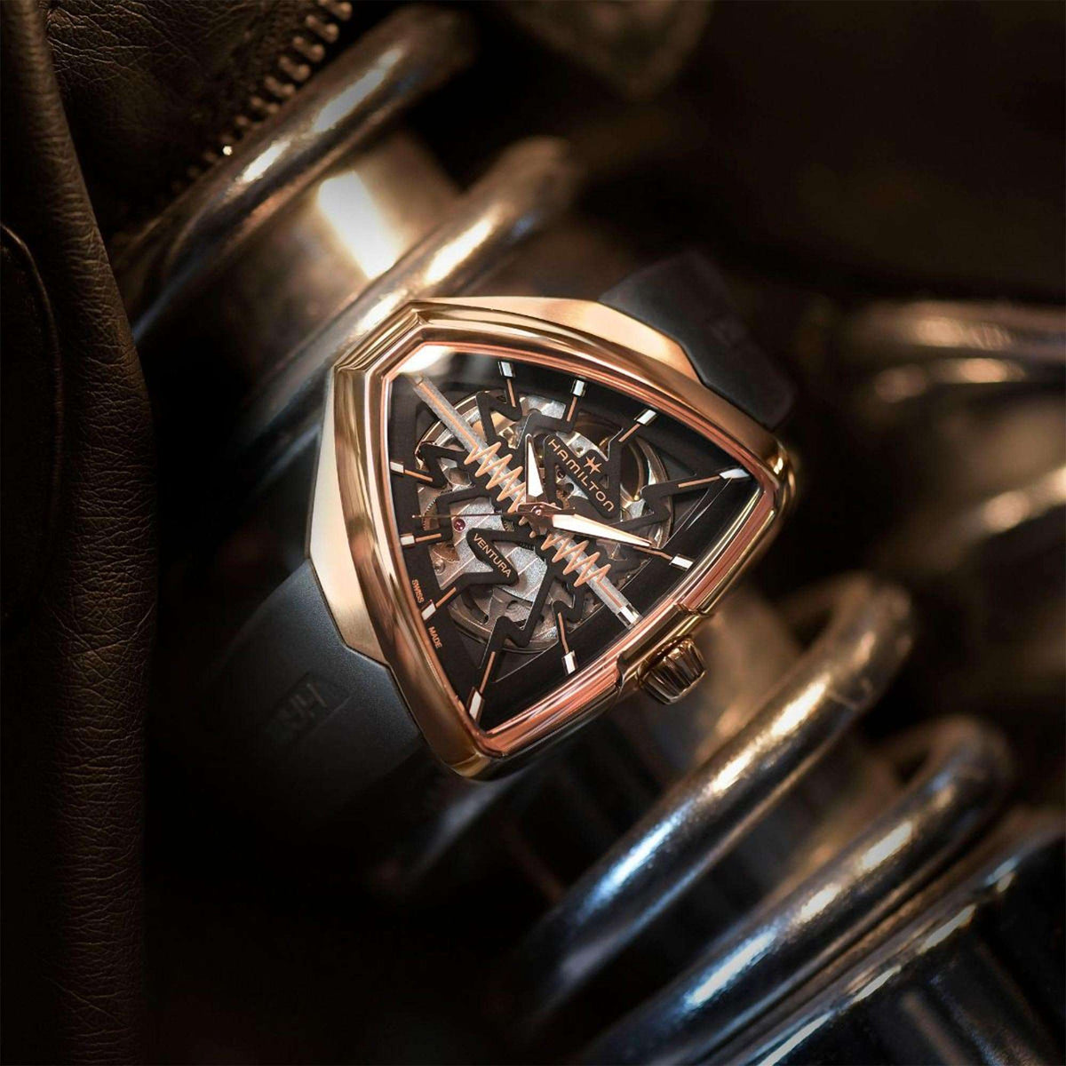 Hamilton Ventura men's skeleton watch, black dial, rose-gold case, black rubber strap