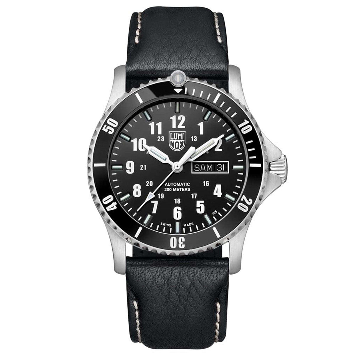 Men's automatic sport watch with black dial, stainless case, and black leather strap