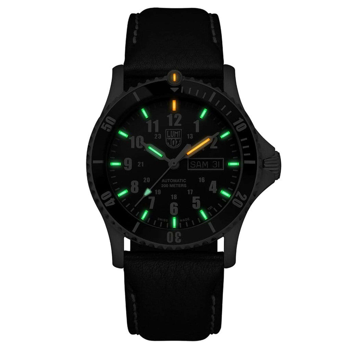 Men's automatic sport watch with green luminous markers on black dial and black leather strap