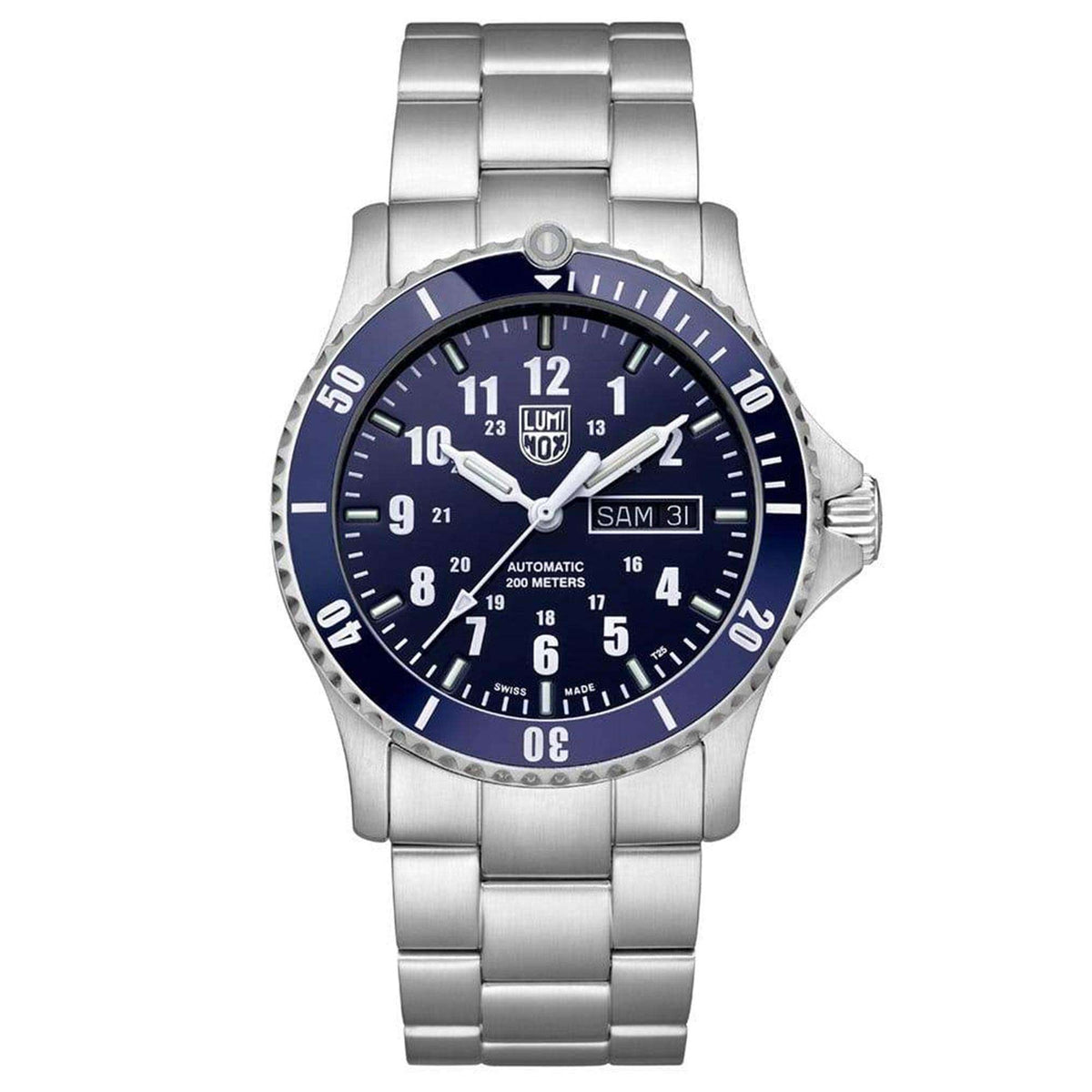 Men's automatic wristwatch with blue dial and silver stainless steel bracelet