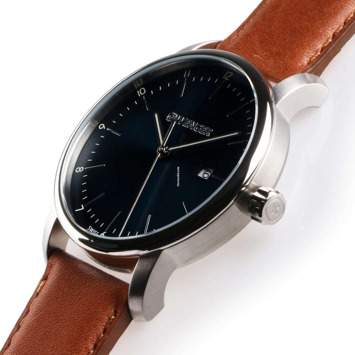 Men's quartz watch angled view, blue dial with silver hands and brown leather strap.