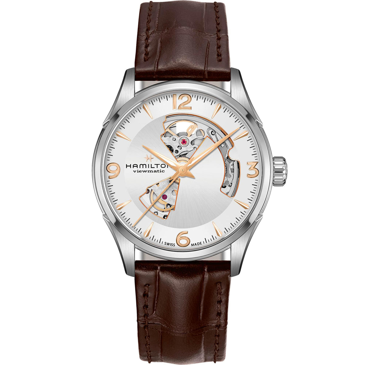 Silver open-heart automatic watch with white dial and brown leather strap