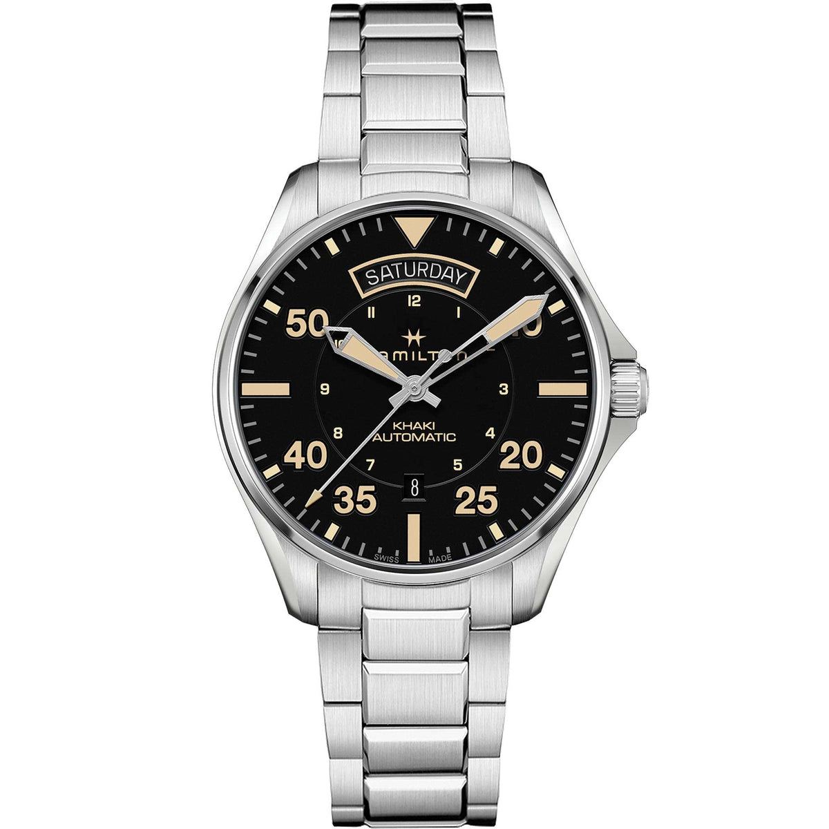 Hamilton Khaki automatic mens watch with black dial, stainless steel bracelet, 42mm case