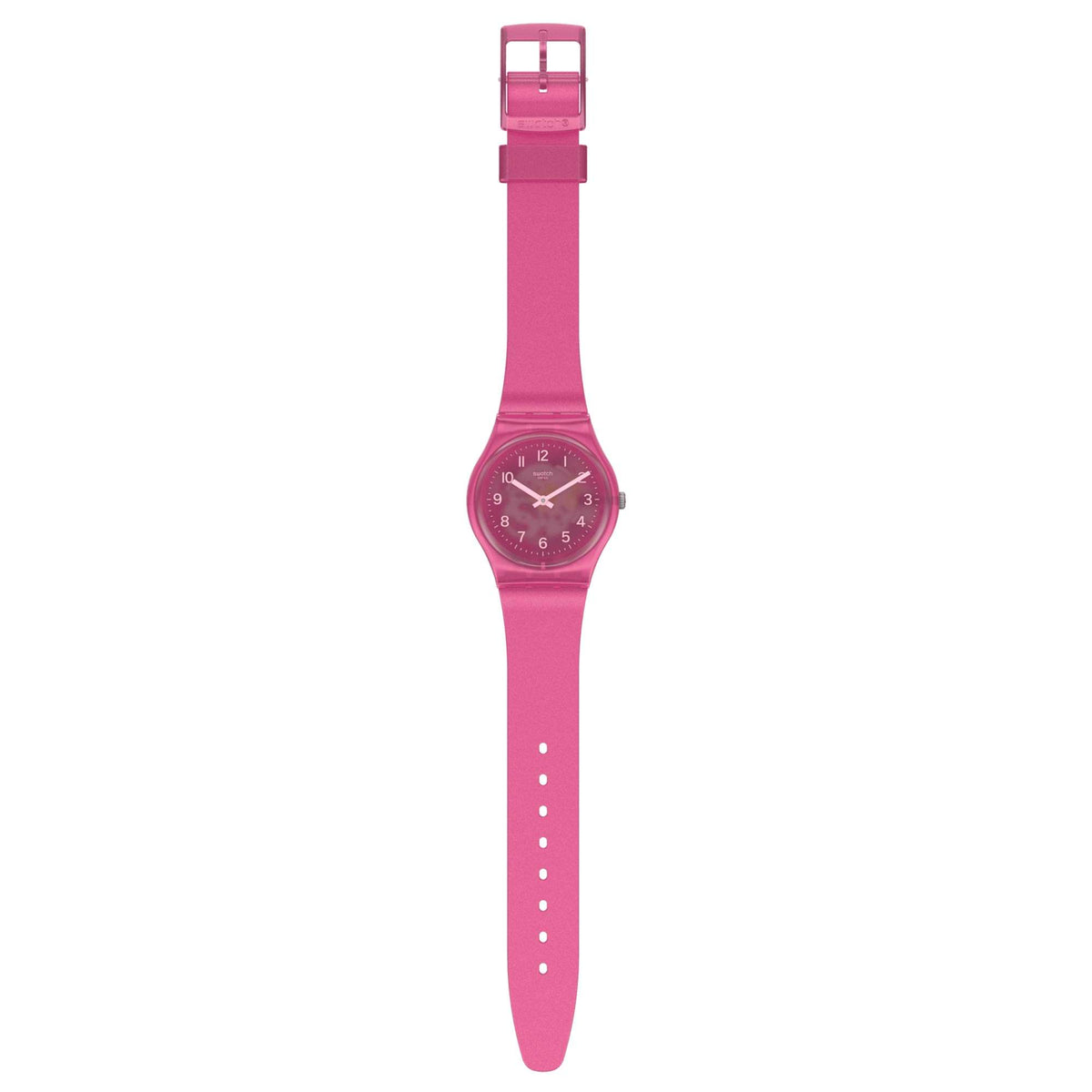 Pink silicone strap quartz watch with round pink dial, shown vertically