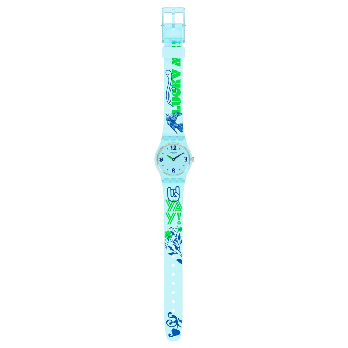 Light blue silicone watch strap with printed ocean-style graphics and buckle
