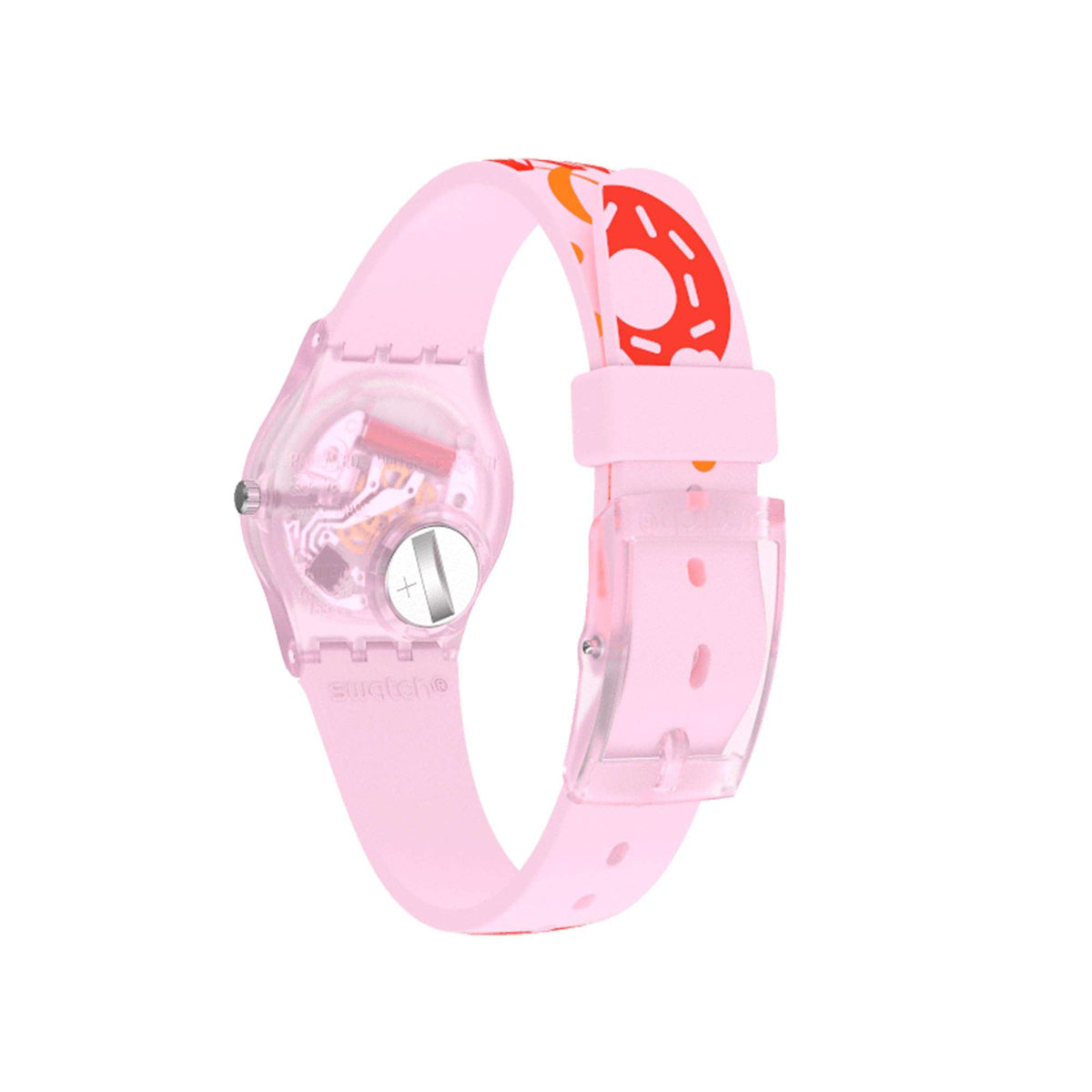 Ladies quartz watch with pink dial and clear pink silicone strap, round silver-toned case