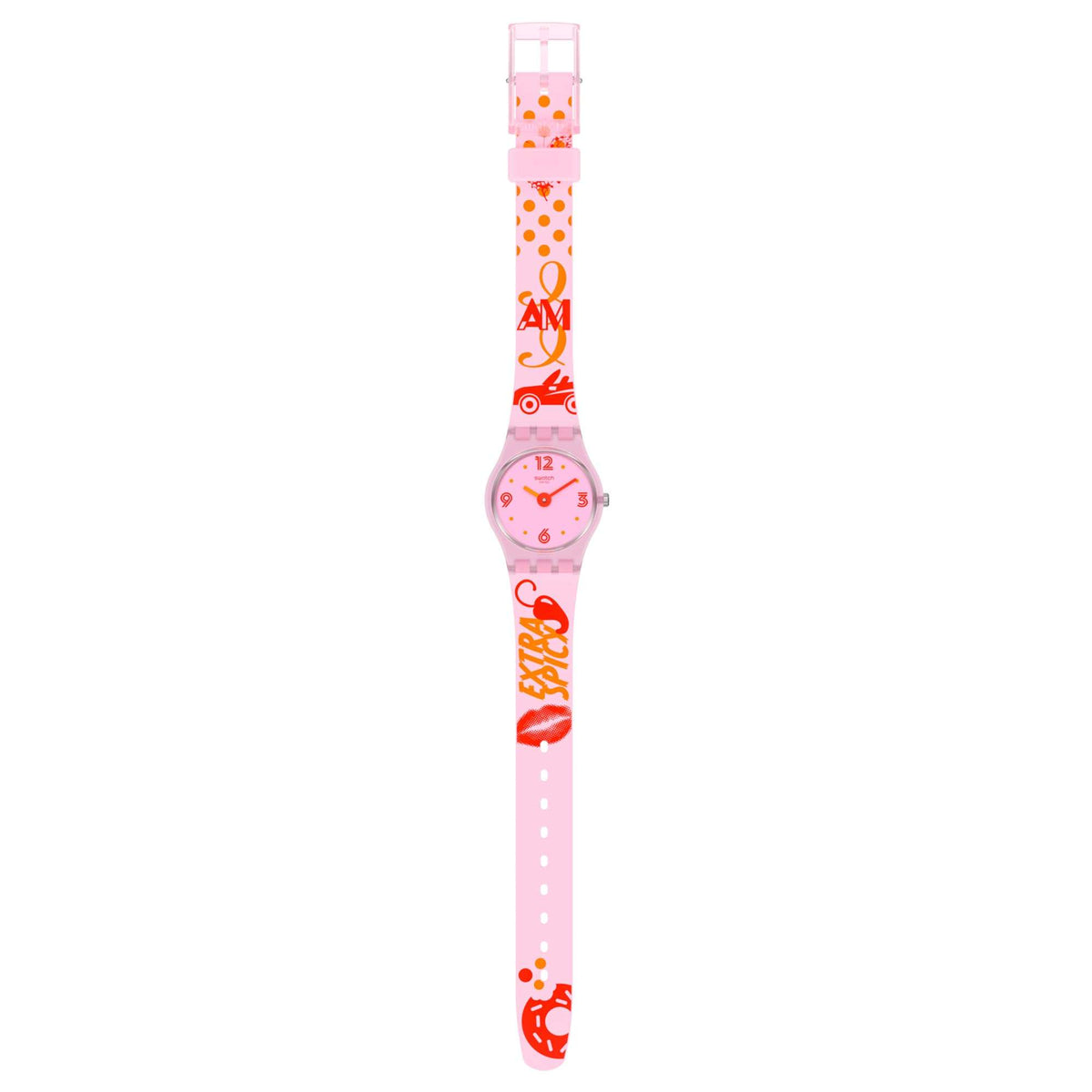 Ladies quartz watch with pink silicone strap featuring graphics and a small pink dial