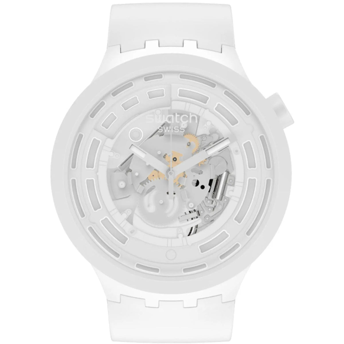 White BioCeramic wristwatch with skeleton dial and rectangular bezel markings