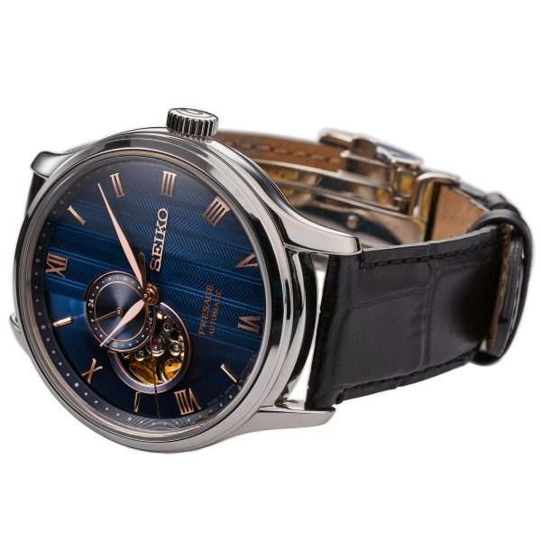 Men's Seiko Presage automatic watch, blue dial with Roman numerals, black leather strap