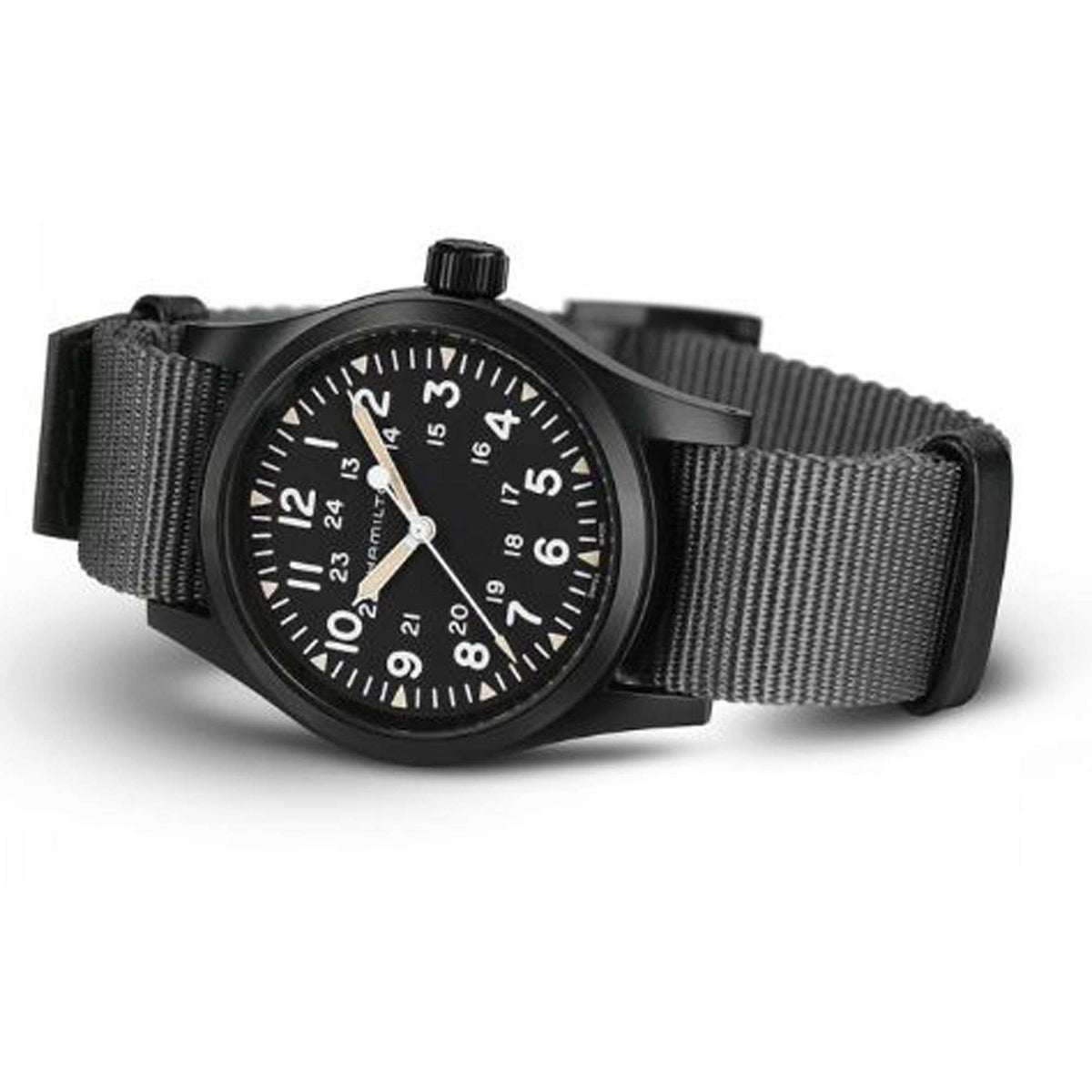 Hamilton Khaki Field H69409930 38mm matte black dial watch on white background
