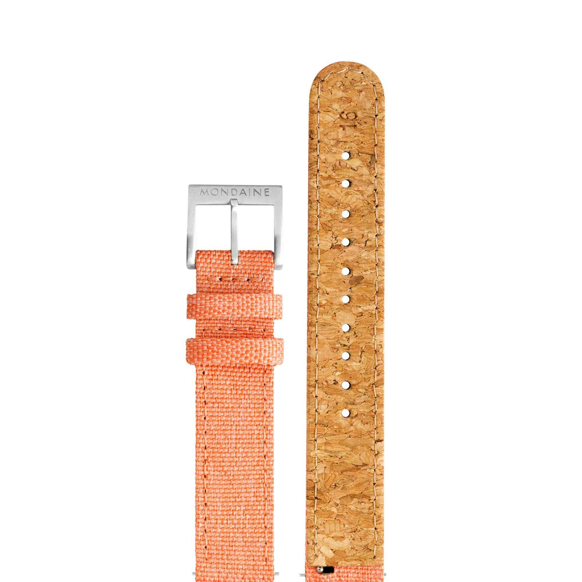 Orange textured textile watch strap with metal buckle, end view