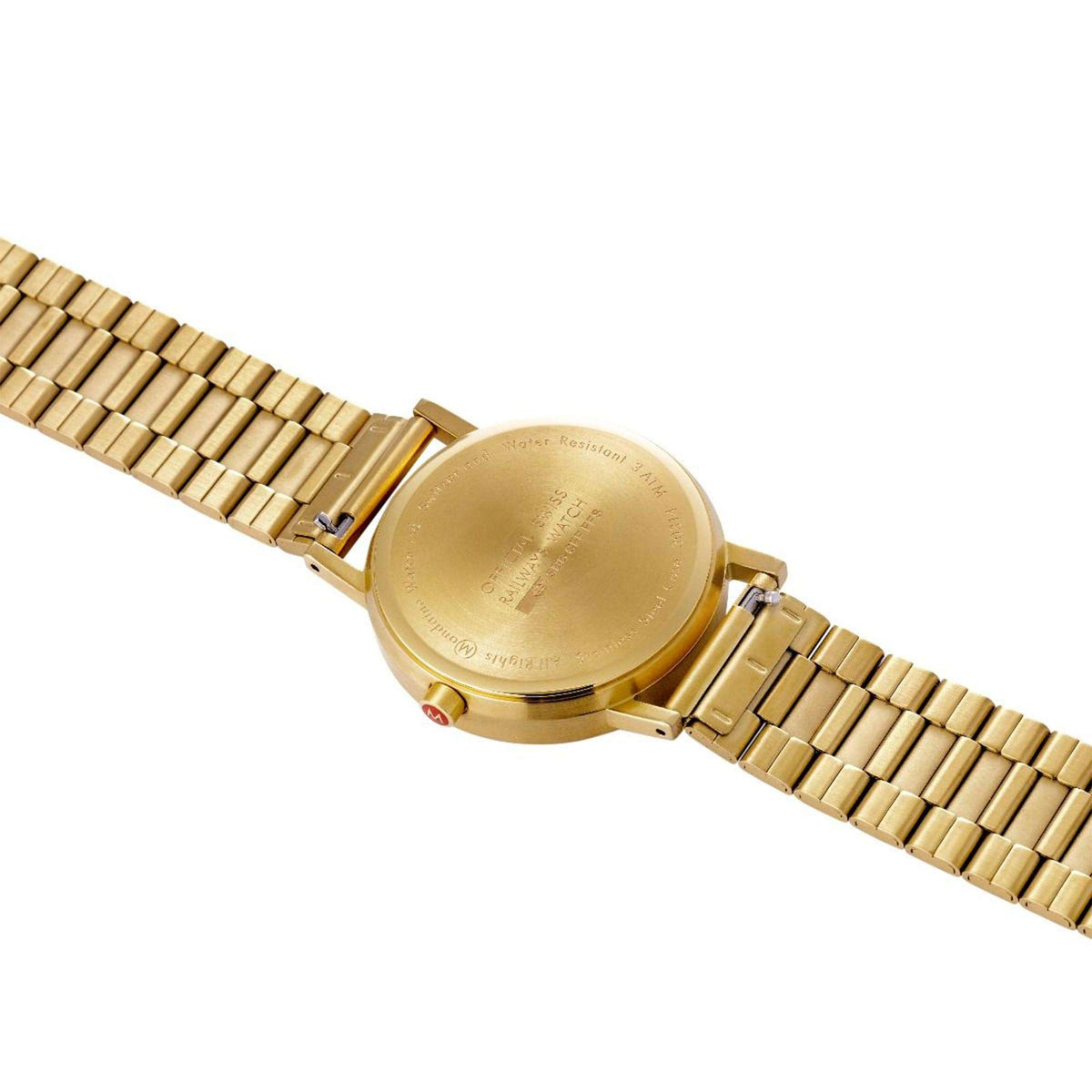 Mondaine gold-tone bracelet watch with round case and metal link band, side view