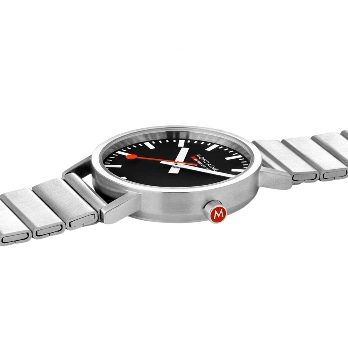 Stainless steel unisex watch with black dial, baton markers, orange second hand