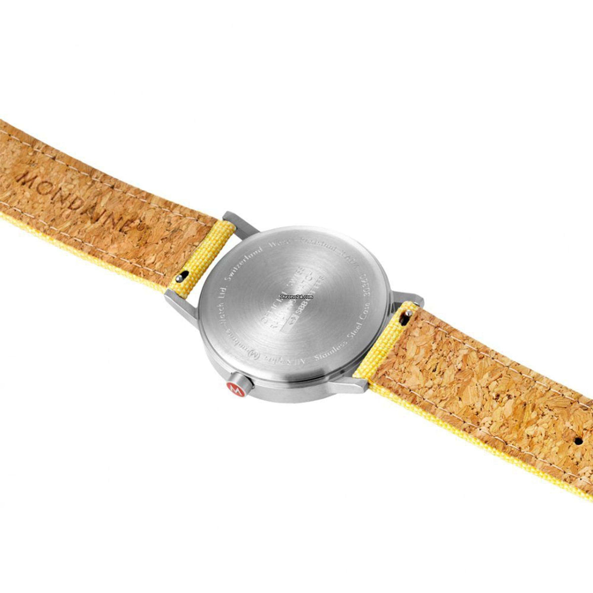 Mondaine quartz watch caseback with engraved cover, yellow textile strap underside