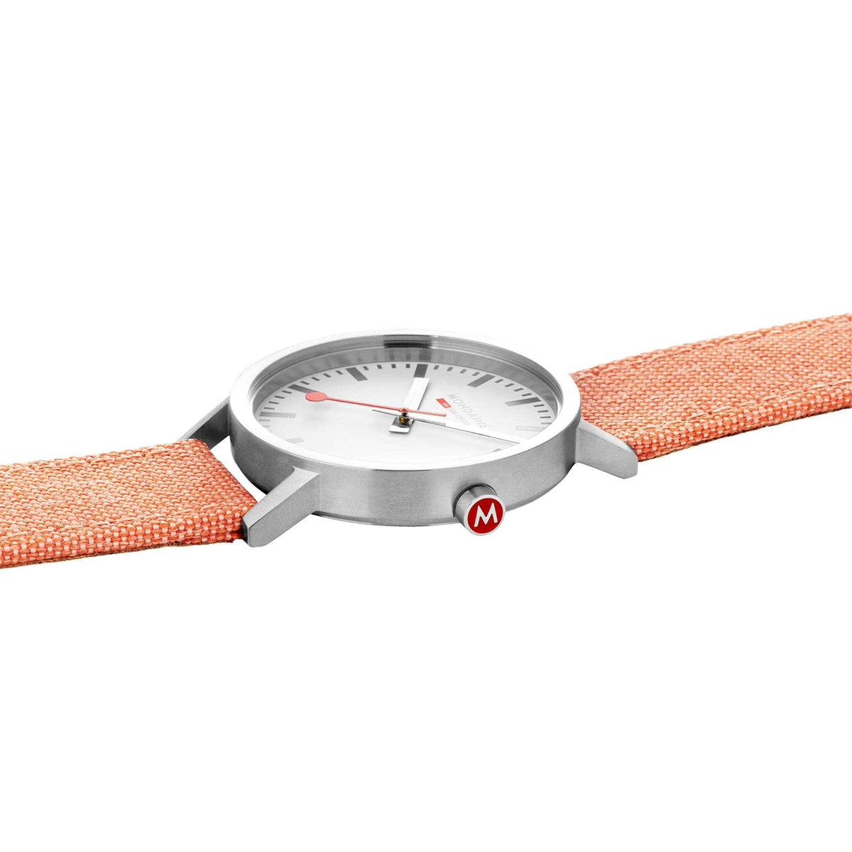 Silver watch case with white dial and orange textile strap, side view