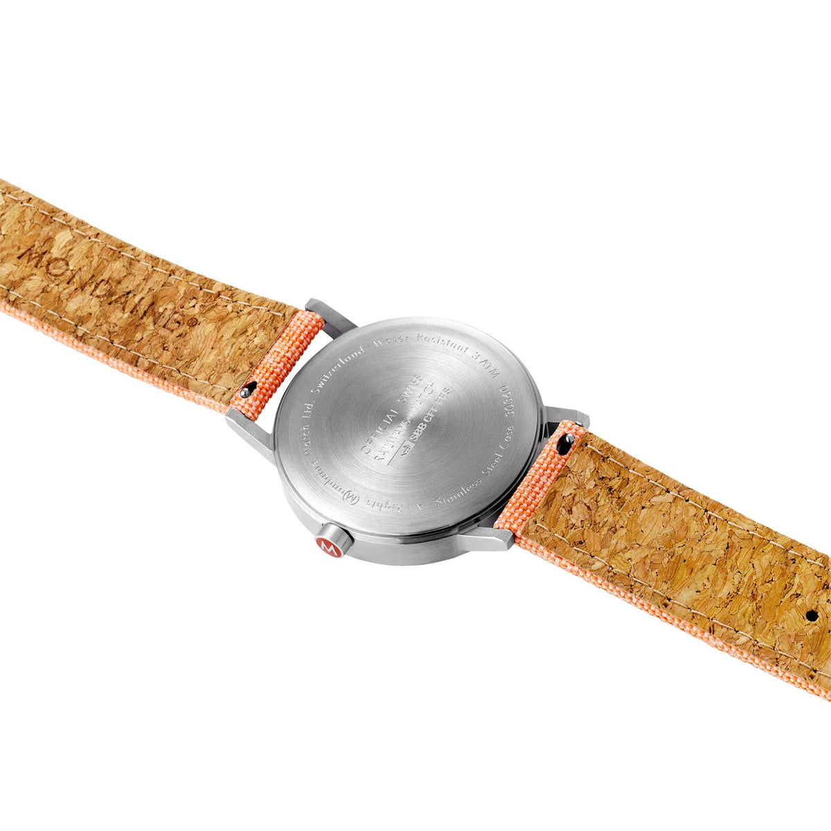 Round silver caseback watch with orange textile strap and visible hinge, no dial