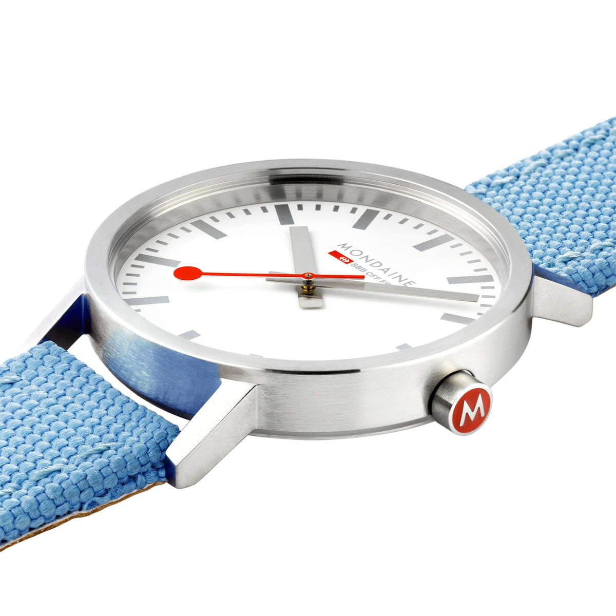 Stainless quartz watch with white dial, red seconds hand, and blue textile strap