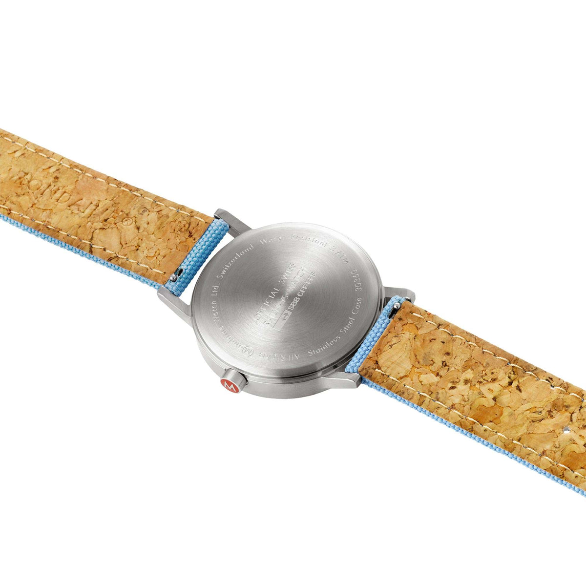 Quartz watch case back with tan strap, blue stitching edge, and stainless crown