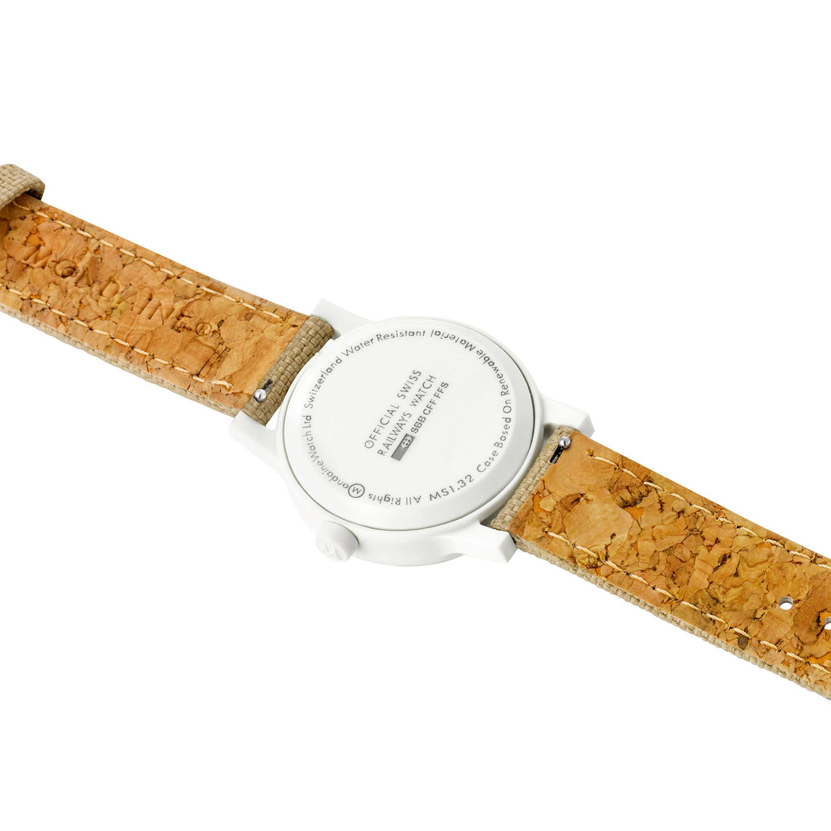 Ladies quartz wristwatch back view with engraved case and textured tan strap
