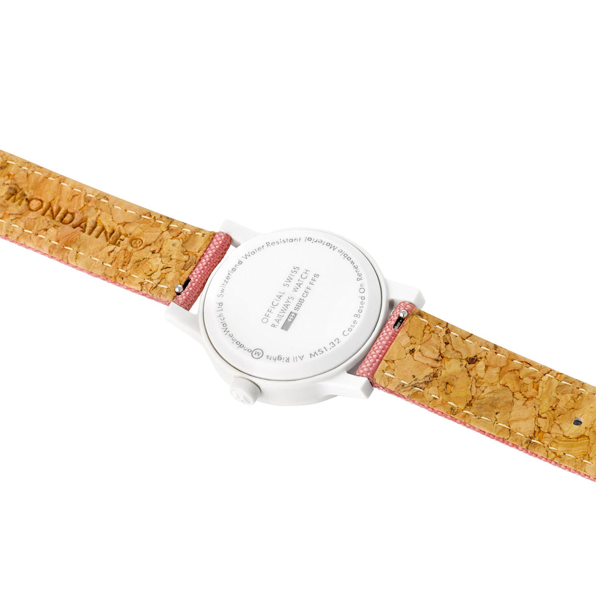 Ladies quartz watch case back with textured tan strap and clasp hardware visible
