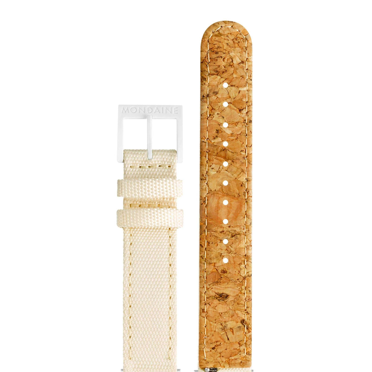 Mondaine Essence quartz watch strap end with cream textile and tan textured lining