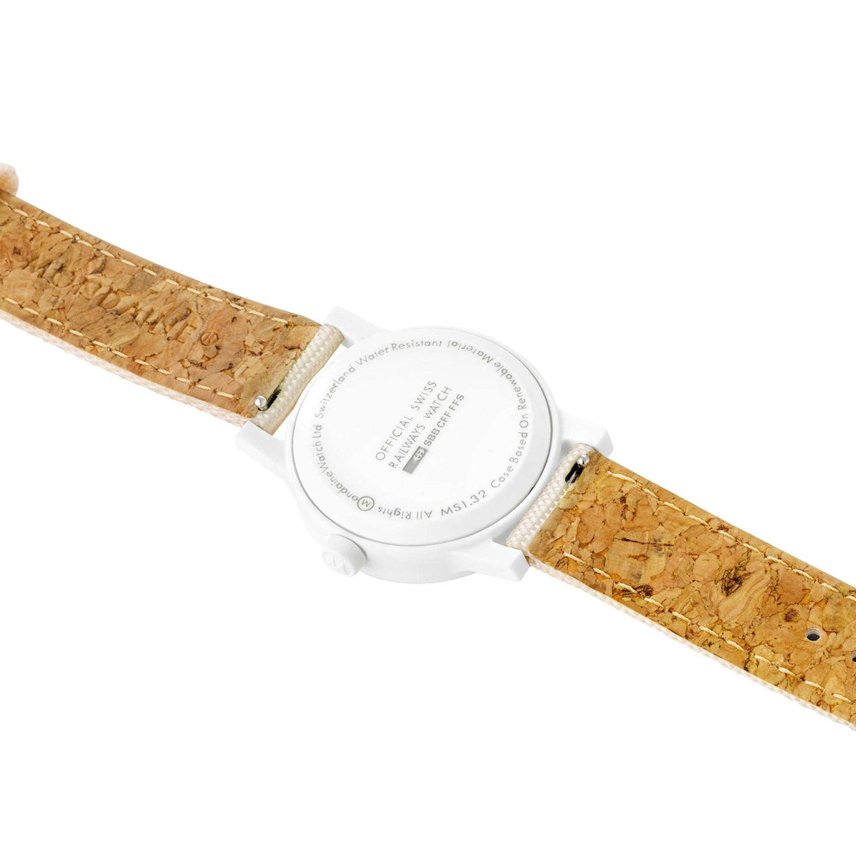 Mondaine Essence quartz watch back with engraved case and tan textured strap