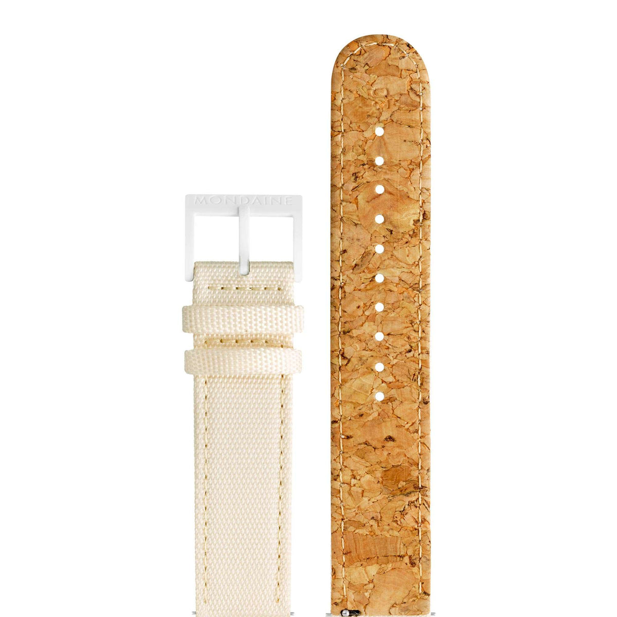 Cream textile watch strap with tan cork-textured panel