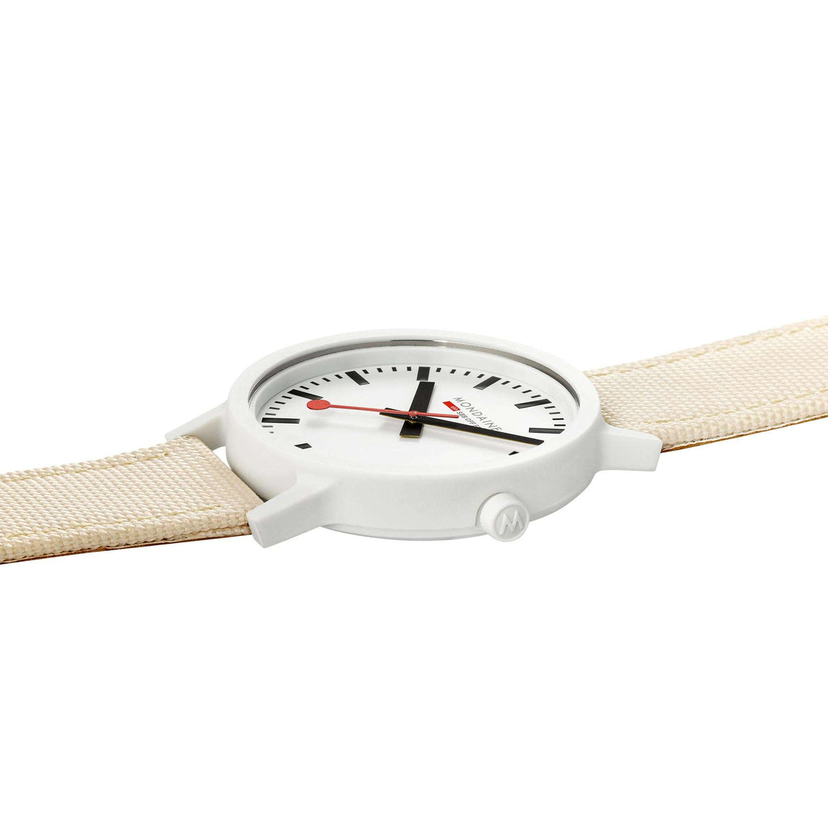 White dial quartz wristwatch with cream textile strap, side profile