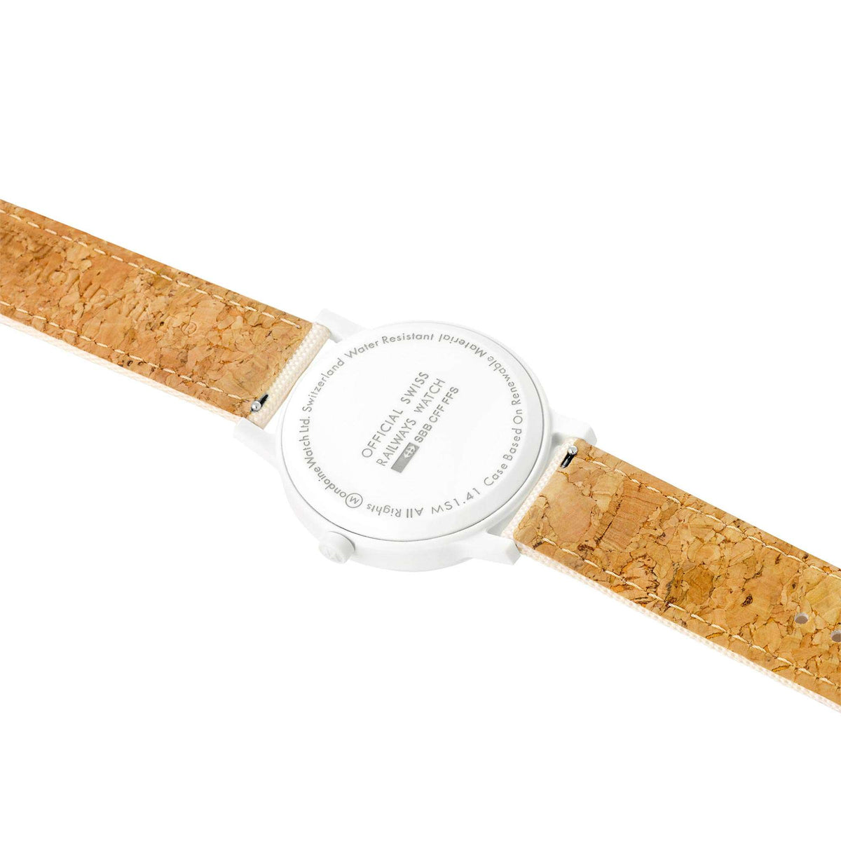 Quartz wristwatch case with engraved back and tan cork-textured strap ends