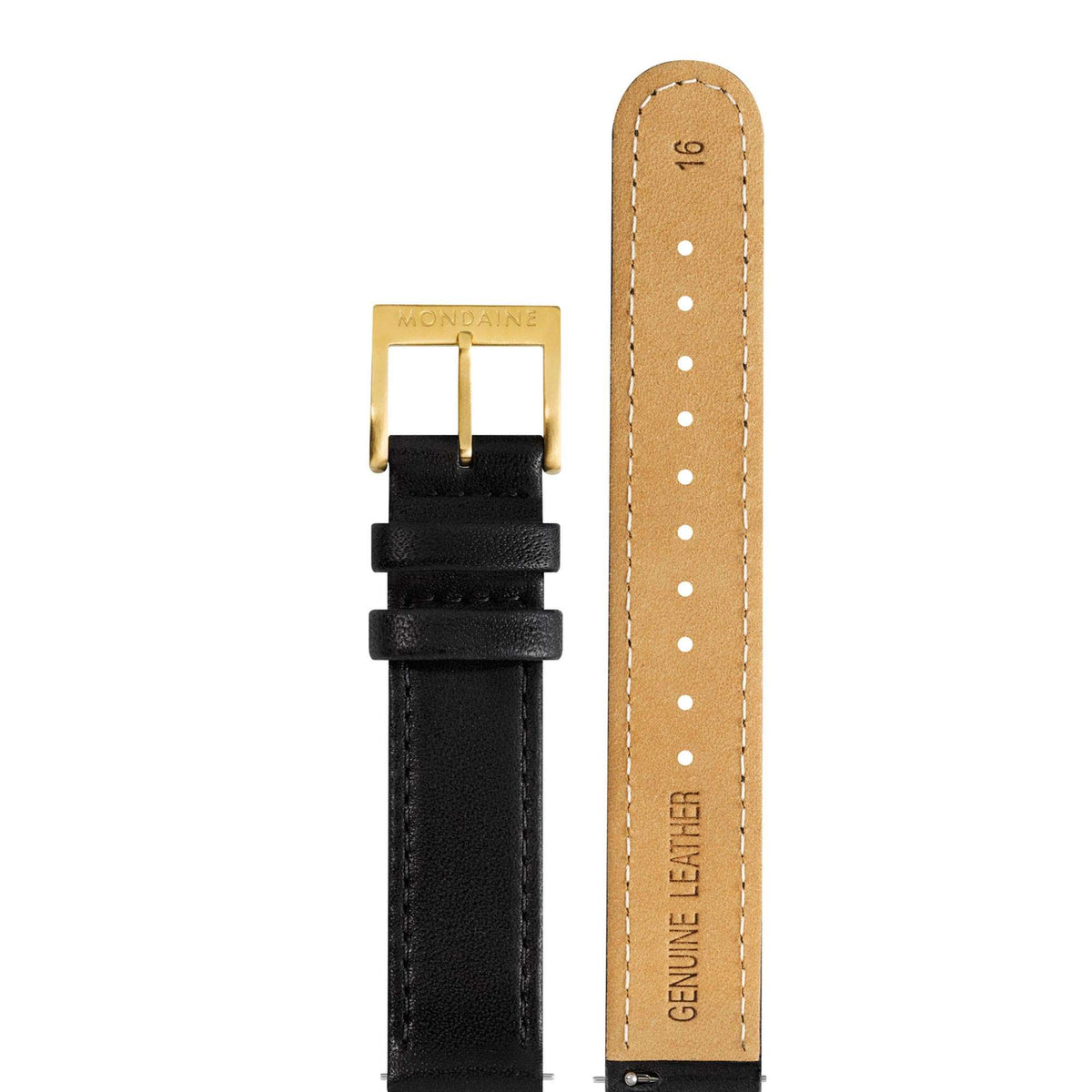 Black leather watch strap with gold buckle clasp and tan stitching