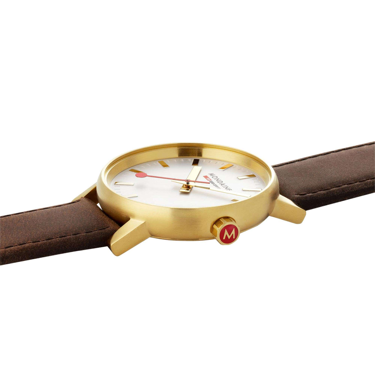 Unisex watch with gold-tone case, brown leather strap, and white dial