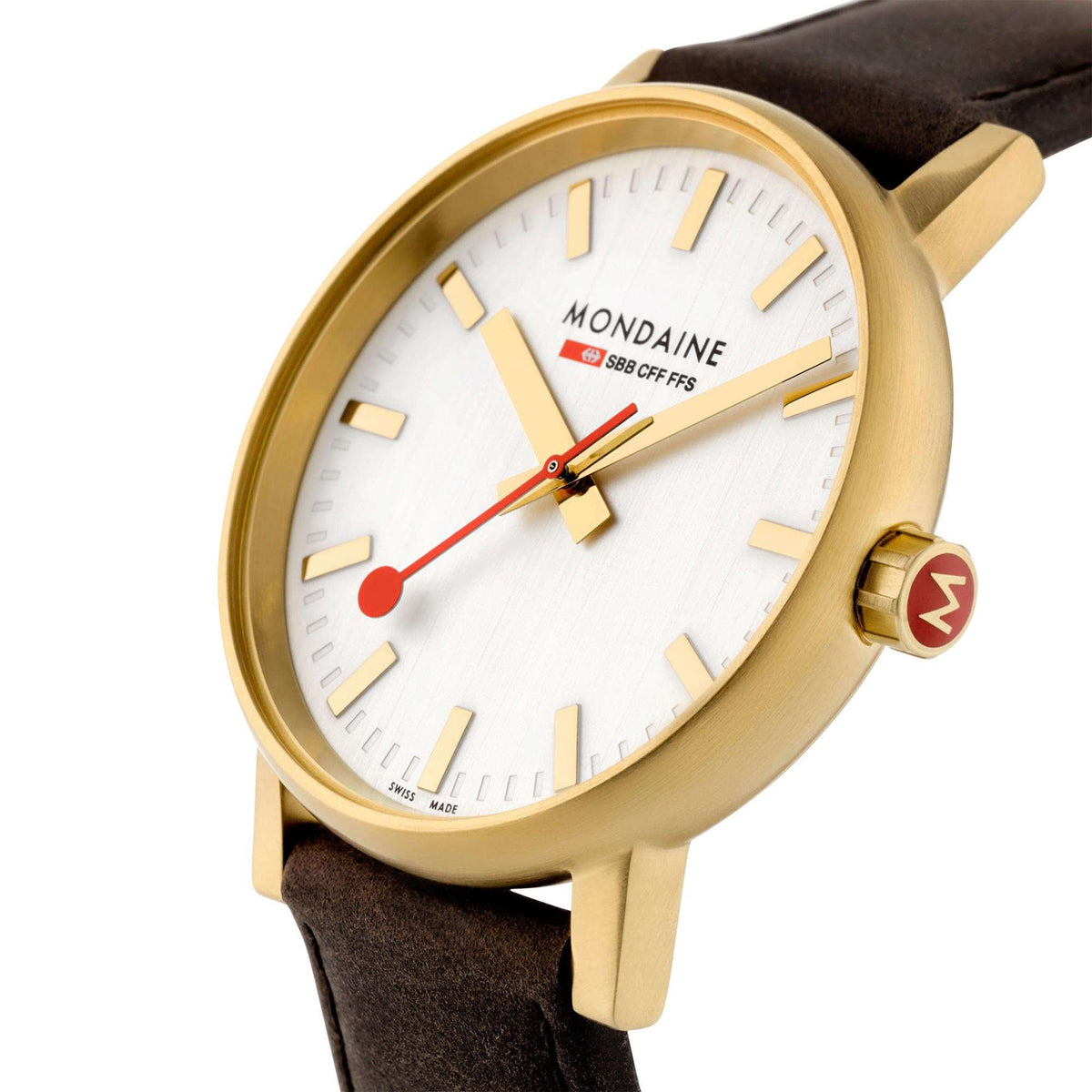 Unisex watch close-up: white dial with gold markers and red second hand