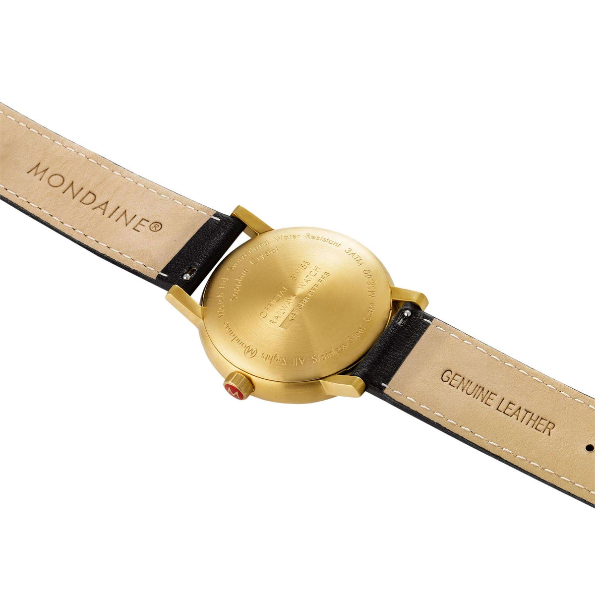 Gold-tone watch case back with black leather strap, clasp, and engraved markings