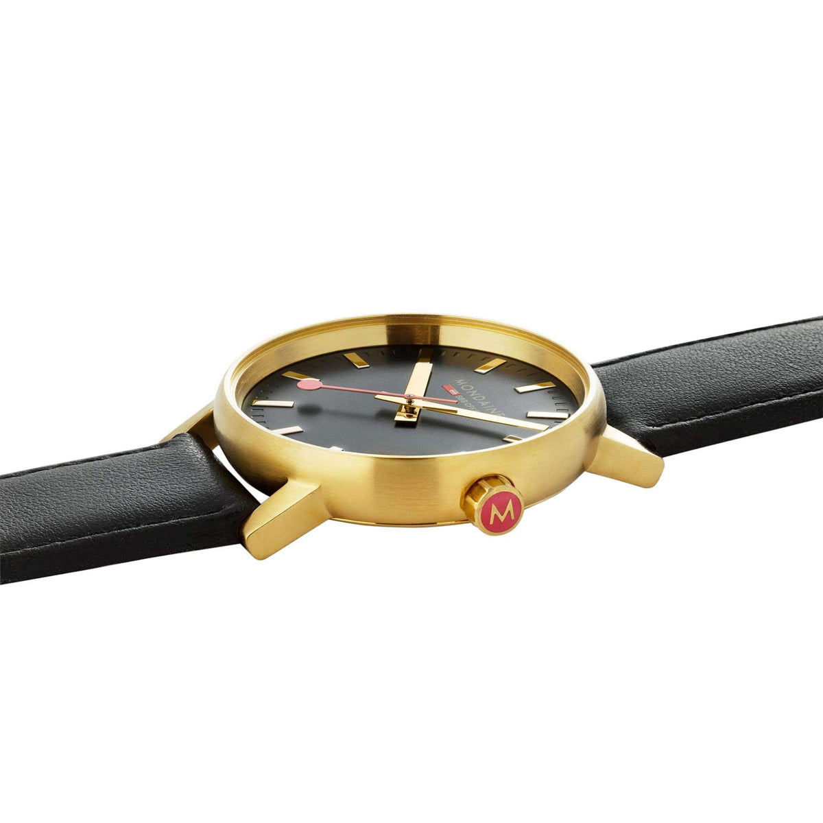 Gold-tone quartz watch with black dial, baton hands, red seconds, black leather strap