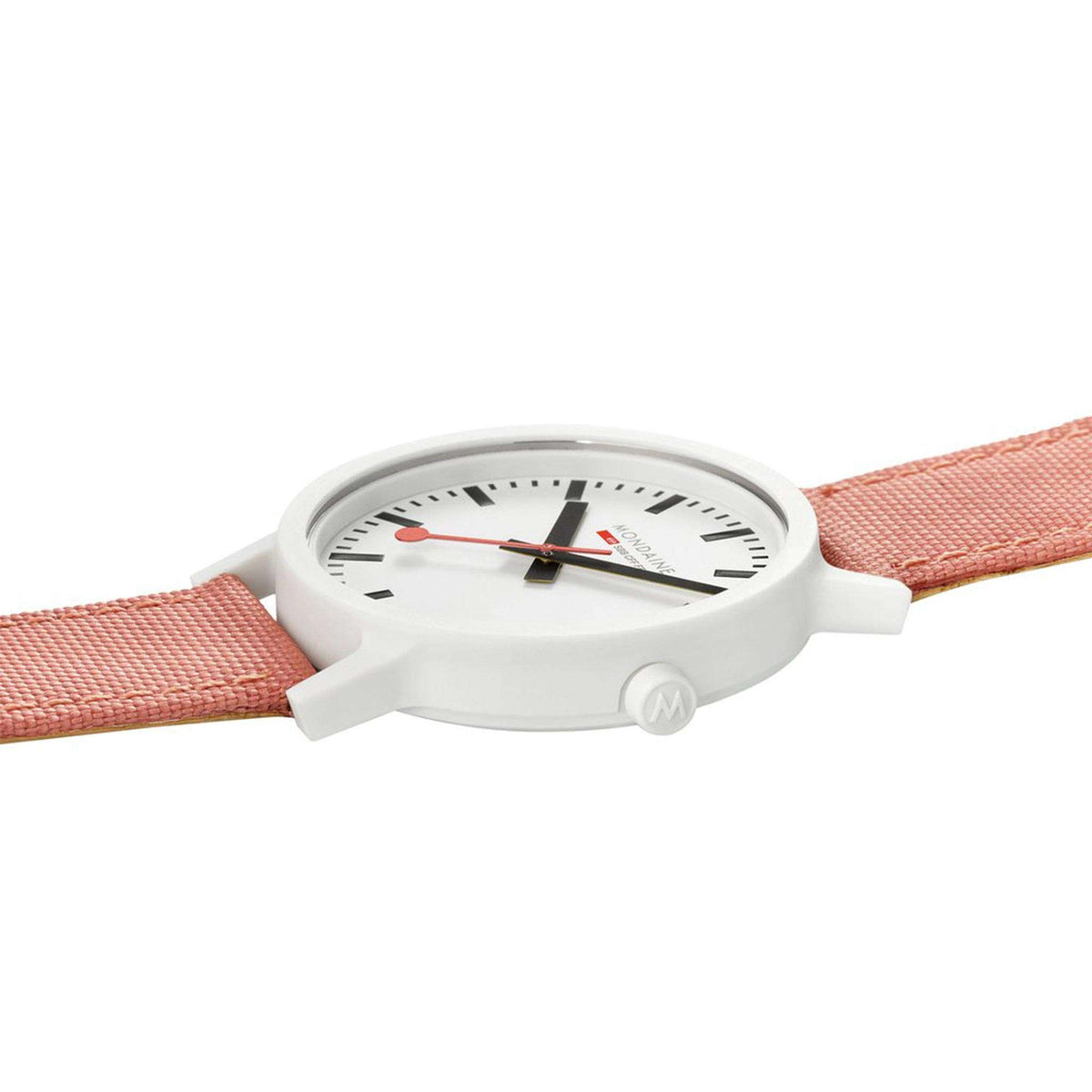 Side view of white dial watch with pink textile strap and red second hand