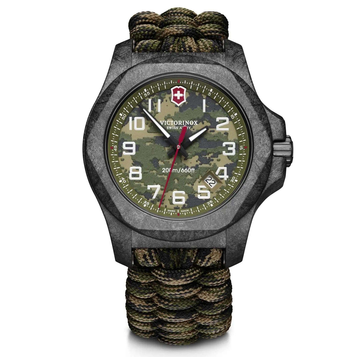 Round carbon-finish quartz watch with green camo dial and braided paracord strap