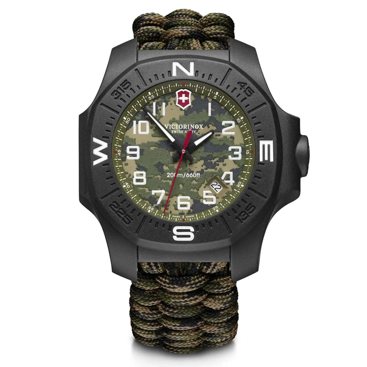 Carbon-finish quartz watch with green camo dial and braided paracord strap