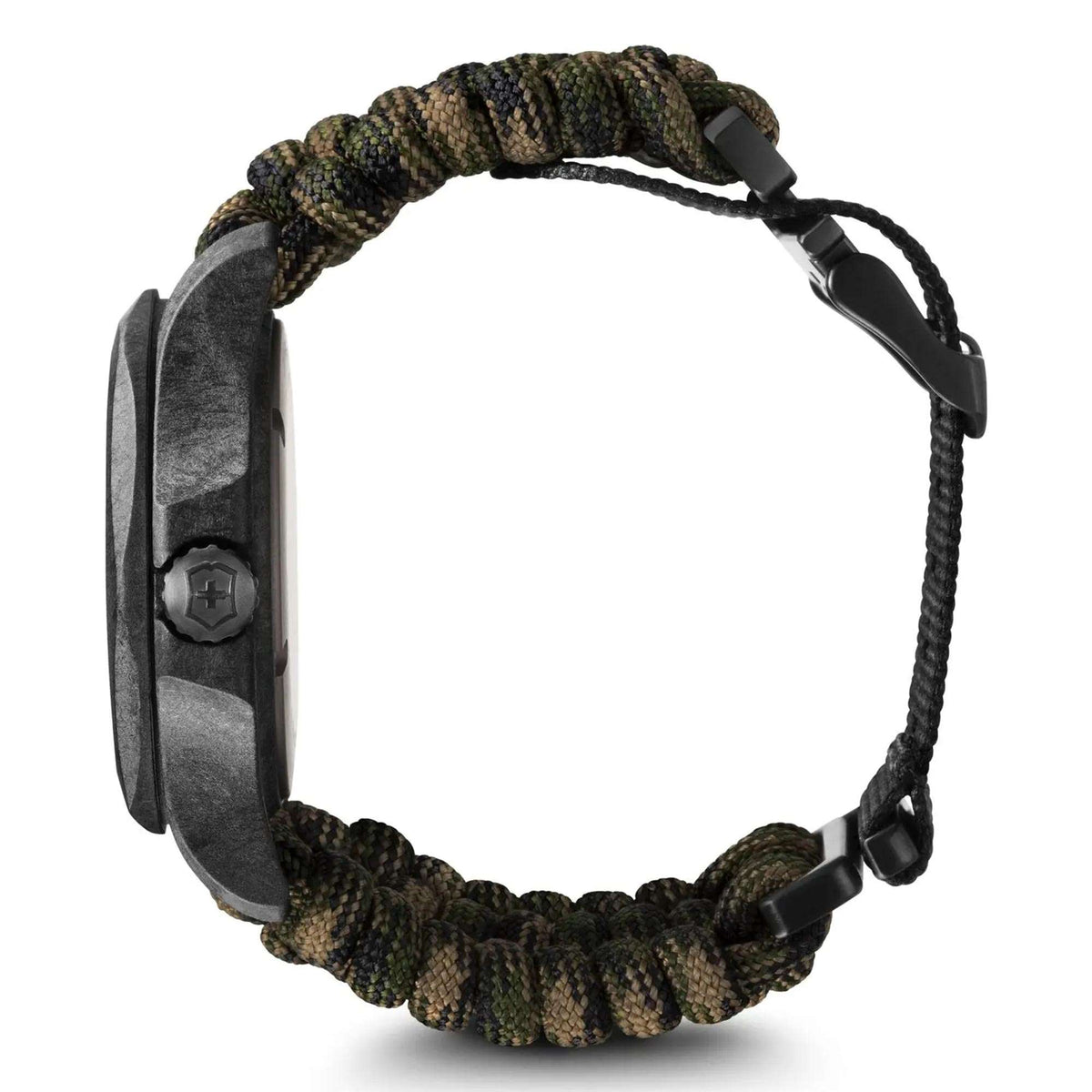 Round watch with braided paracord strap and black cord connectors