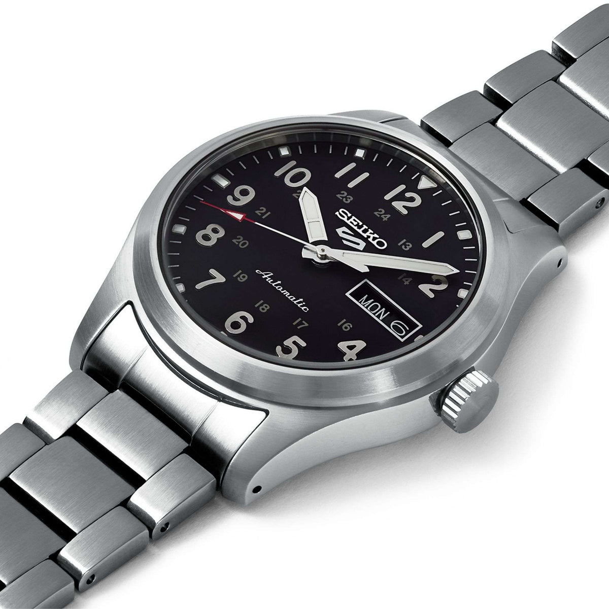 Stainless steel men’s Seiko 5 Sports watch with black dial and bracelet, angled view
