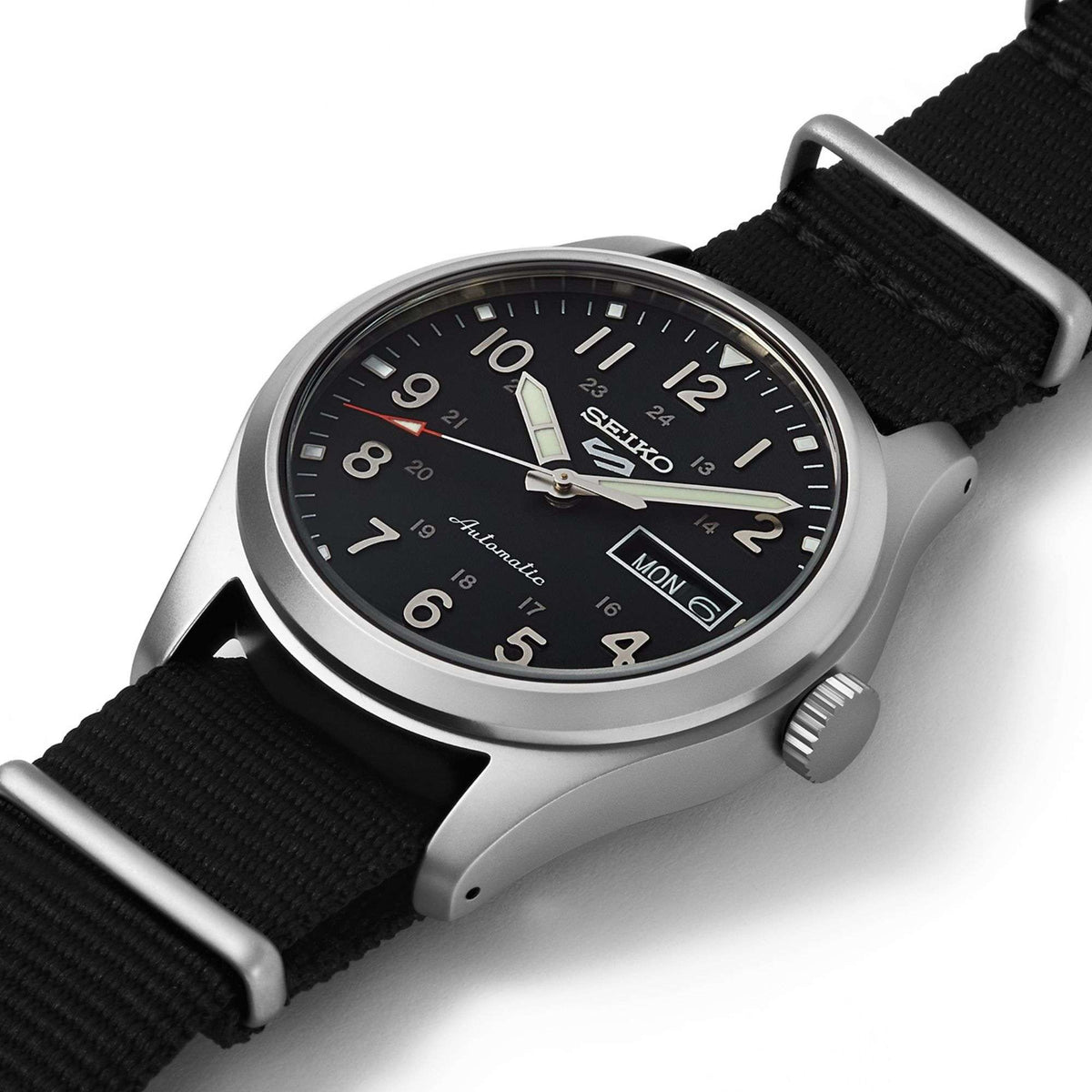 Men's automatic field military watch with black dial and black NATO strap, silver case