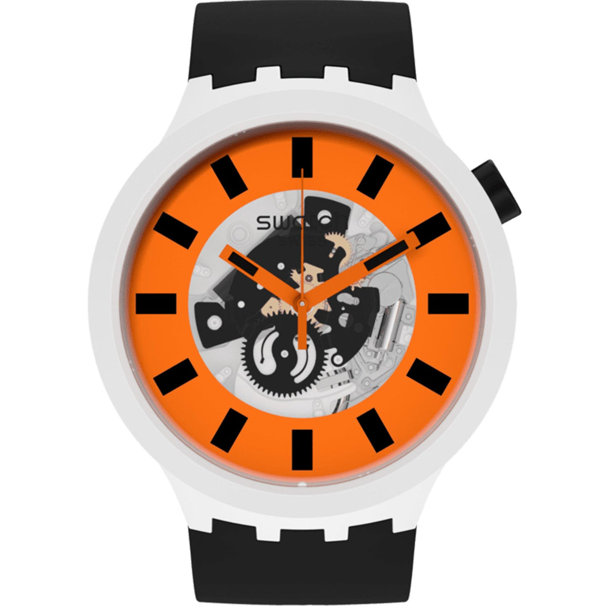 Quartz watch with orange skeleton dial, white case, black silicone strap