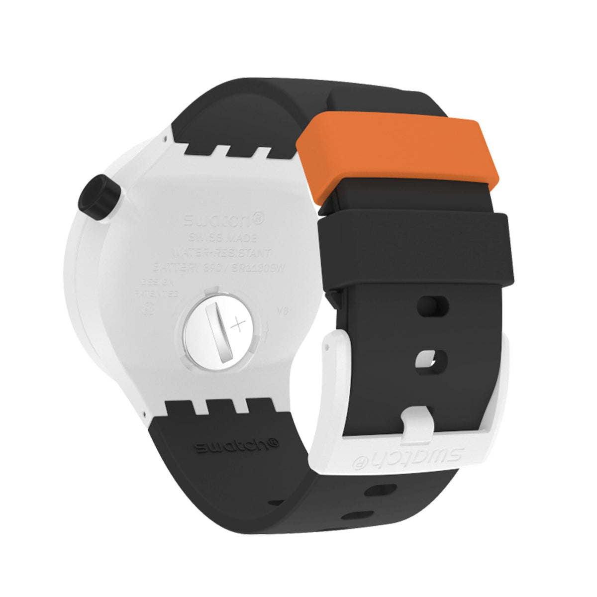 Quartz watch with white case, black silicone strap, orange accent on top strap
