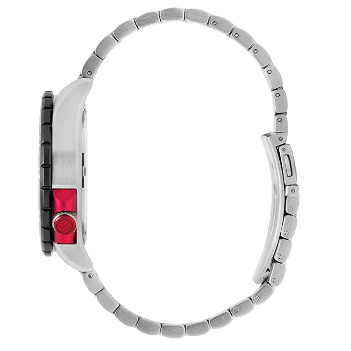 Men's steel dive watch case with red accent lever and metal link bracelet