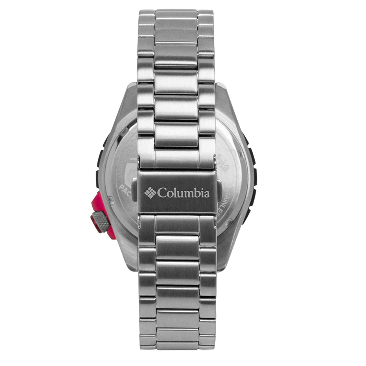 Men's steel bracelet watch with Columbia logo on caseback and red crown guard