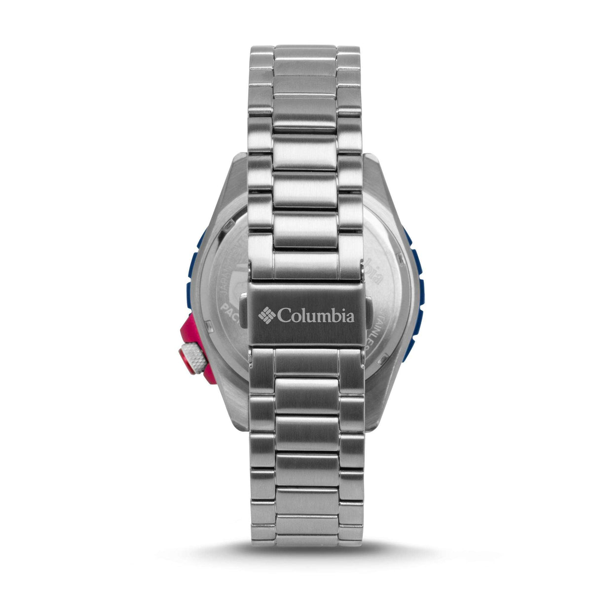 Men's stainless steel diving watch rear view with blue bezel insert and bracelet links
